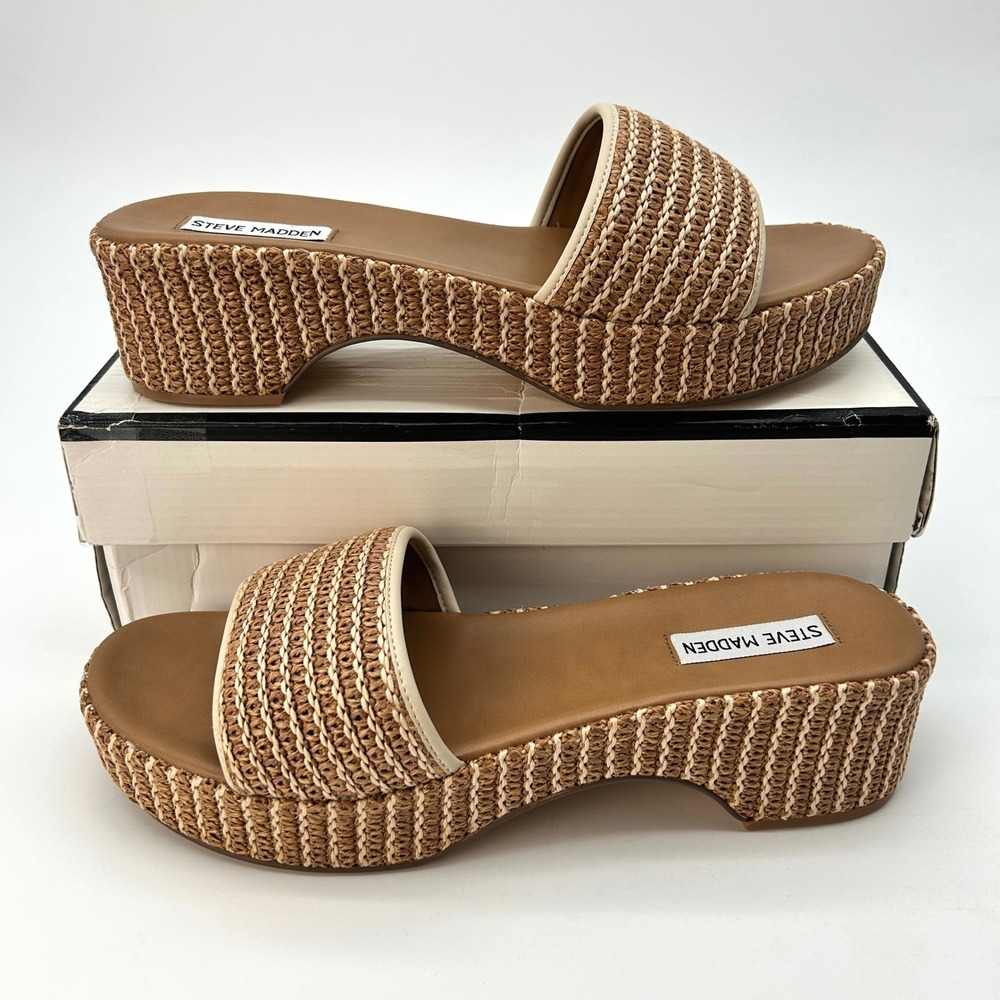 Womens Platform Sandals Steve Madden Chaning Size 11 Slides Beige Woven NEW